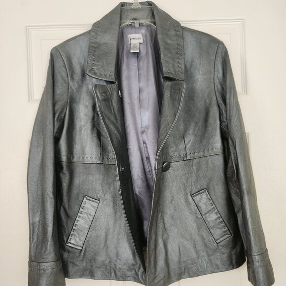 CHICO'S women's jacket 100% Genuine Leather Gray/Silver size 2 2-sides - Picture 5 of 8